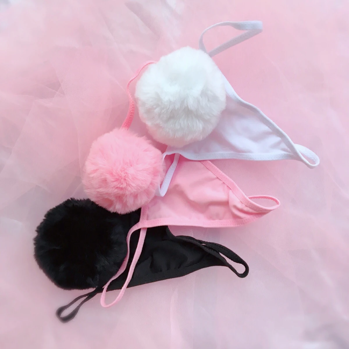 ملابس داخلية محلية الصنع باللون الأبيض والوردي والأسود مع ذيل أرنب جذاب ملابس داخلية نسائية بحمالات وذيل دائري #1