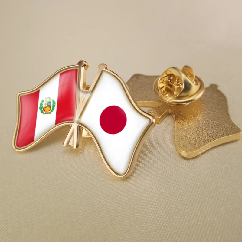 Peru and Japan Crossed Double Friendship Flags Lapel Pins Brooch Badges