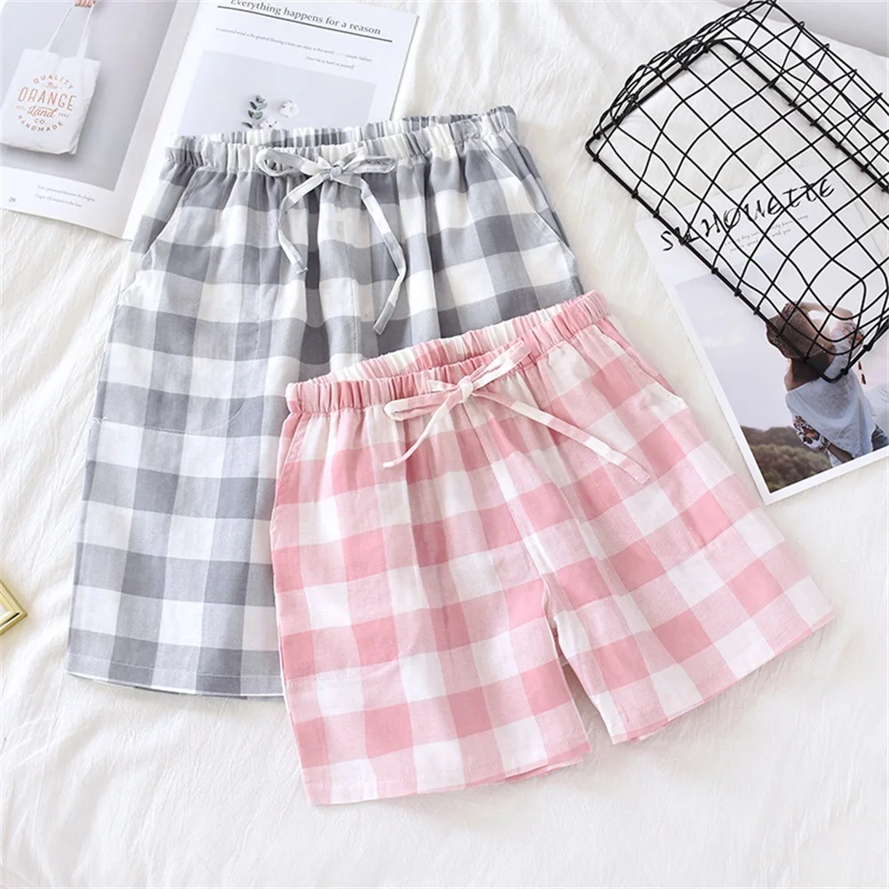 Cotton Plaid Pajama Pants for Women Men Loose Beach Shorts Plus Size Japan Style Home Shorts Summer Casual Comfort Sleep Bottoms