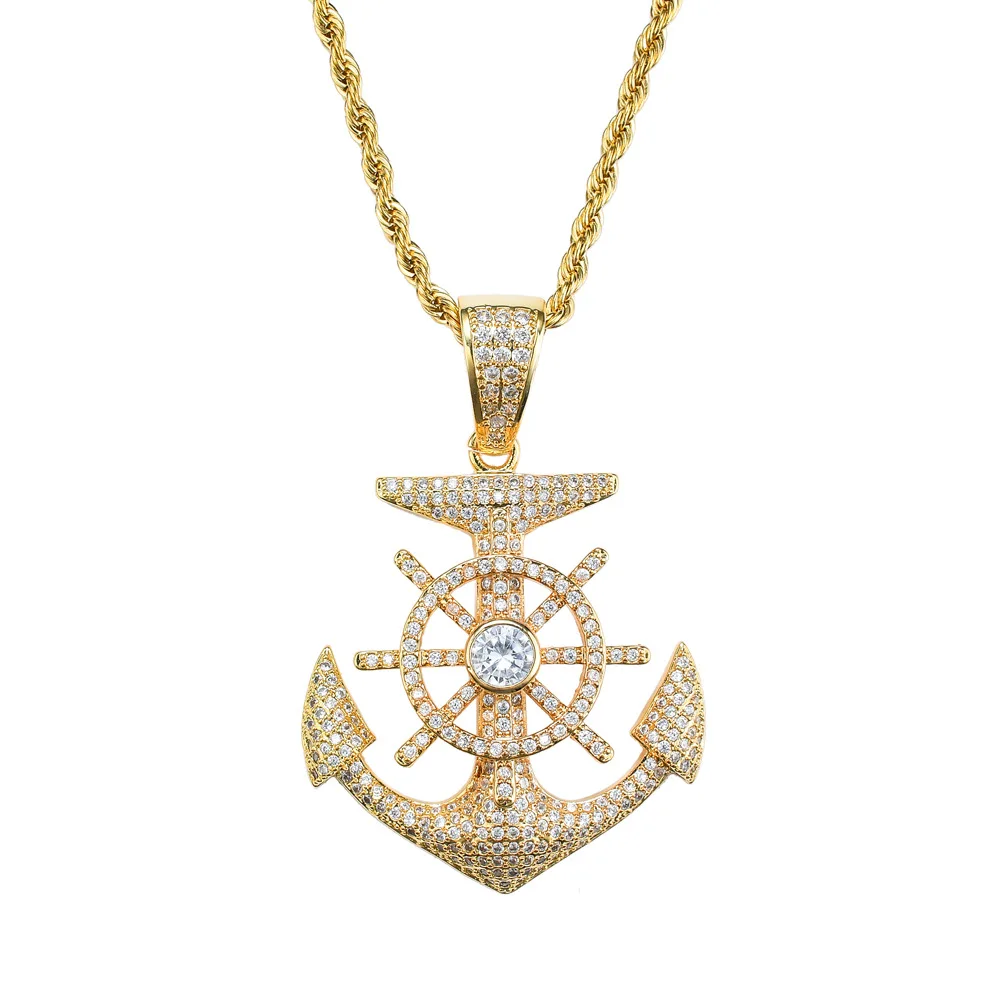 

Hip Hop Jewelry High Quality Iced Out Chain 18K Gold Plated Bling CZ Simulated Diamond Hip-hop Anchor Pendant Necklace