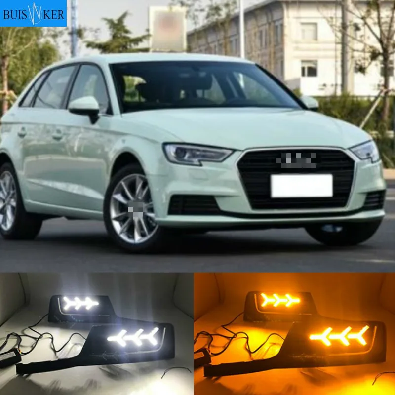 

1set For Audi A3 2017-2019 12V LED DRL Daytime Running Lights Daylight Fog light with yellow turn Signal