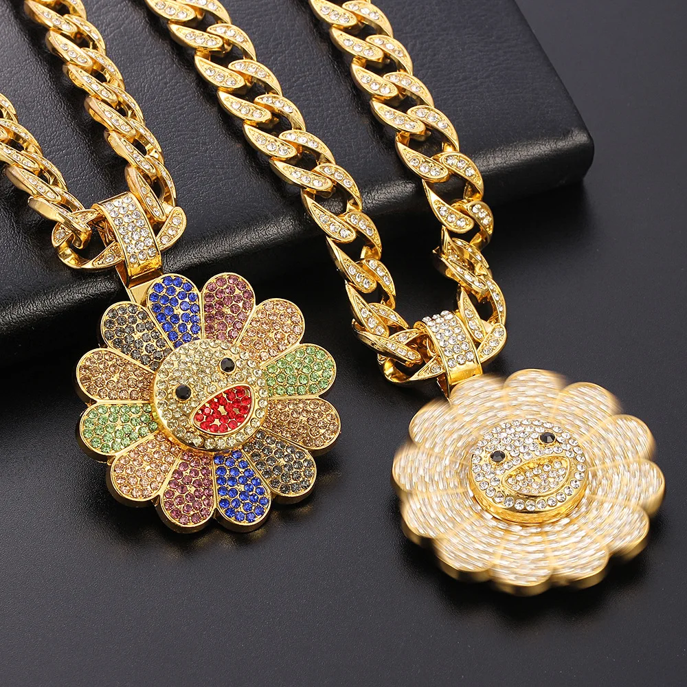 

Men Women Hip Hop Iced Out Bling Sunflower Shape Pendant Necklace Multicolour Fashion Cuban Chain Choker Charm Necklace Jewelry