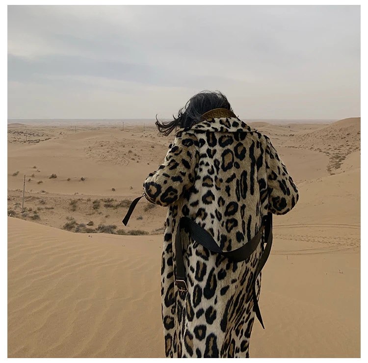 Lautaro Winter Long Leopard Print Warm Fluffy Faux Fur Trench Coat for Women Long Sleeve Double Breasted European Fashion 2021