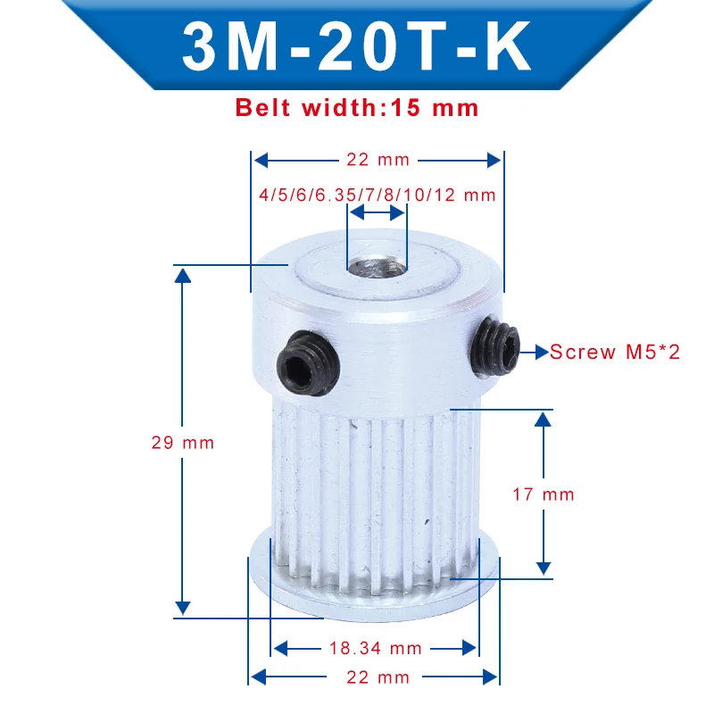 

Timing Pulley 3M20T Bore 4/5/6/6.35/7/8/10/12 mm Aluminum Belt Pulley Slot Width 17 mm Match with 3M-synchronous belt Width 15mm