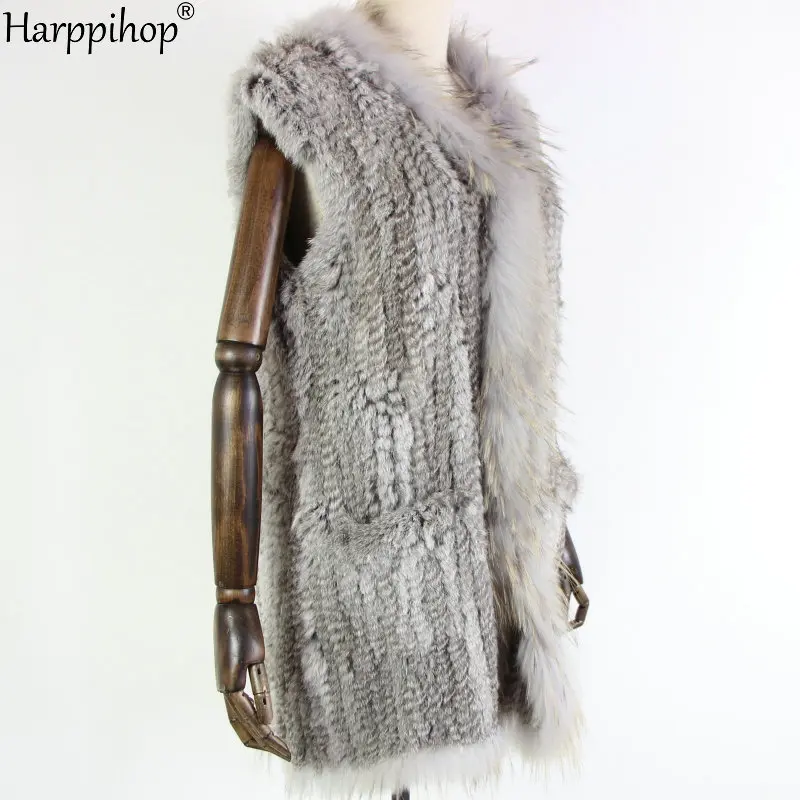 new fashion rabbit fur vest knit rabbit vest 80cm long style for women raccoon fur collar trim fur waistcoat pocket decoration