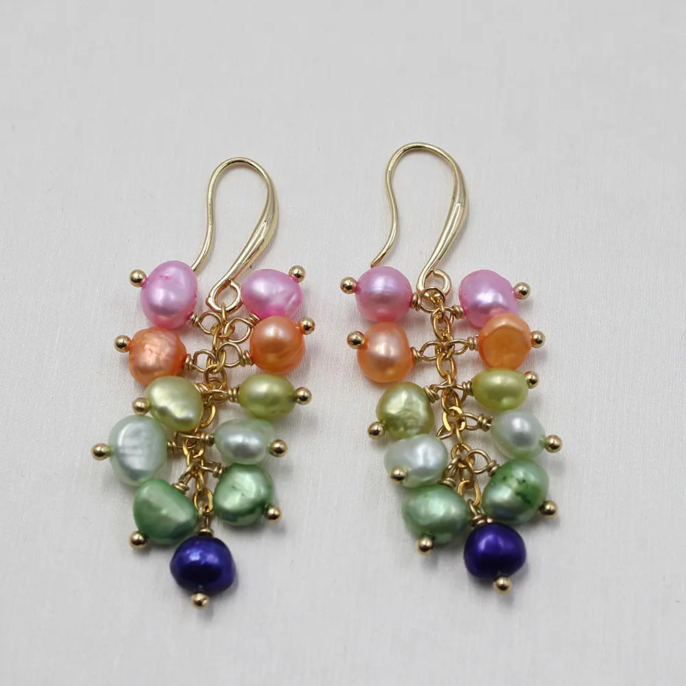 GG Freshwater Cultured Colorful Keshi Pearl Gold Plated Hook Earrings Handmade For Women Fashion Jewelry