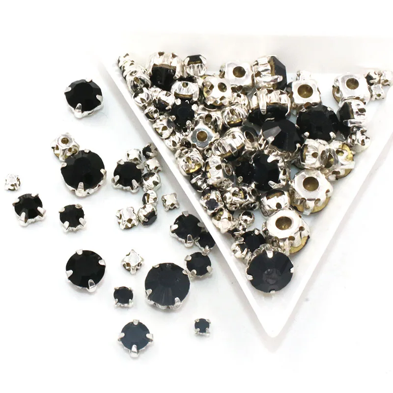 New Hot sale Garment beads 100pcs/pack Mixed size Black glass crystal sliver base sew on rhinestones diy clothing accessories