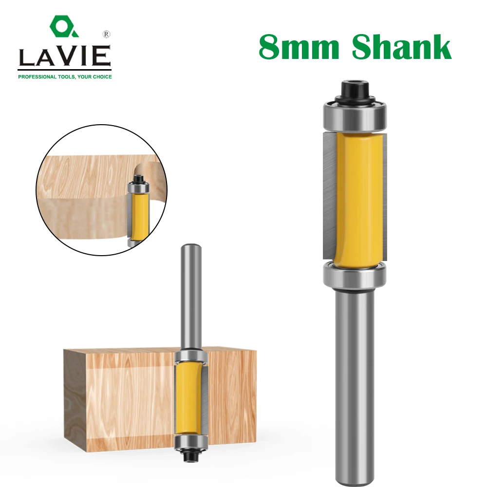 LAVIE 1pcs 8mm shank Double Bearing Straight 1 Inch Trim Router Bit Trimming Knife Milling Cutter Carbide Flush Woodworking