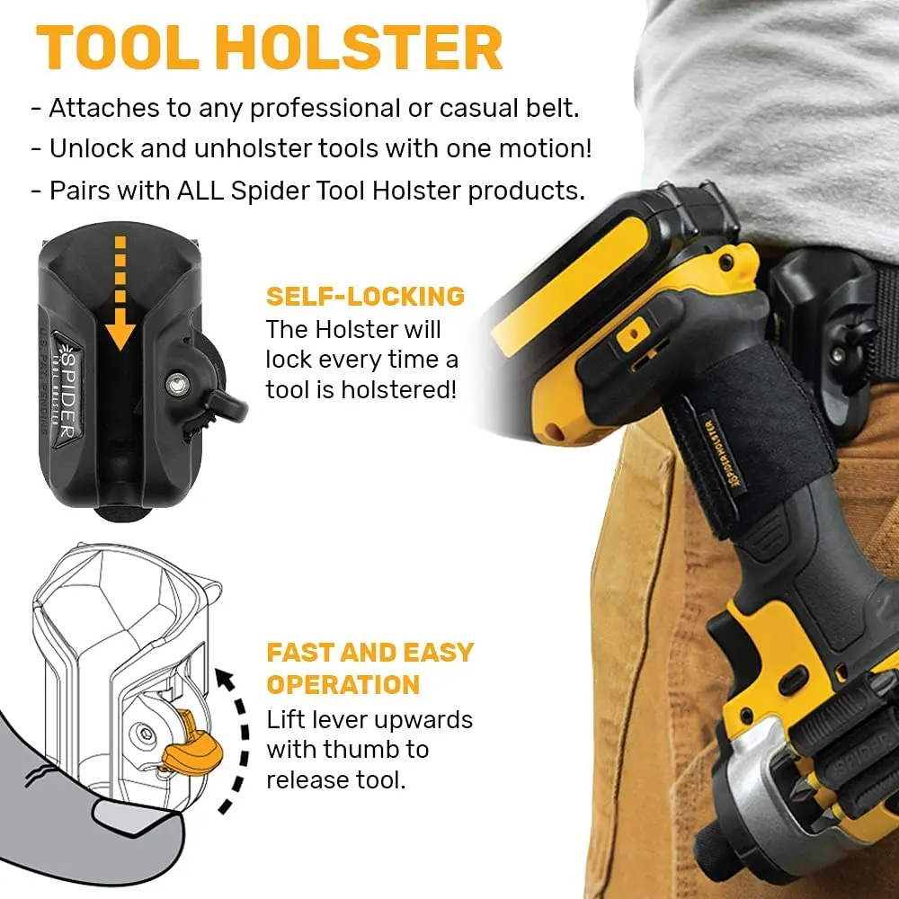 Spider Tool Holster-Improve The Way You Carry Your Power Drill, Driver, Multitool, Pneumatic, Multi-Tool and More on Your Belt!