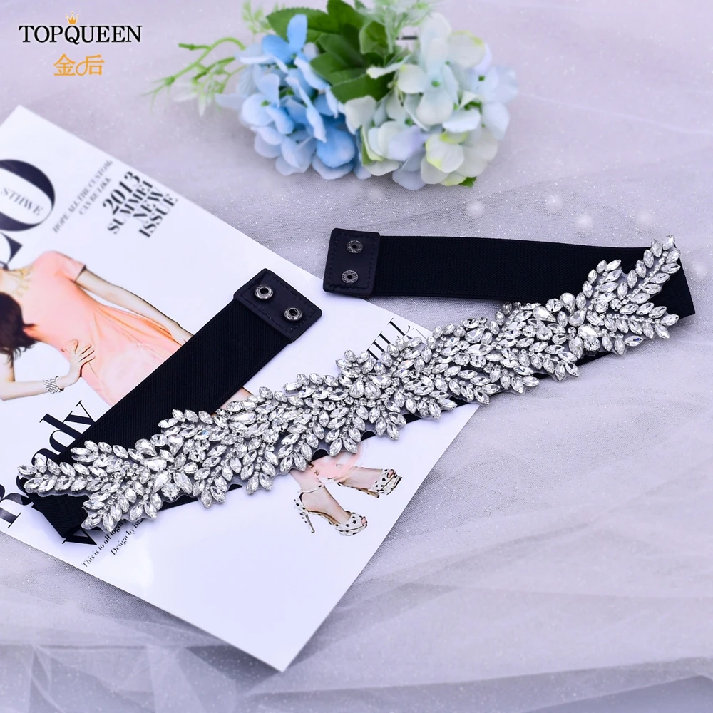 TOPQUEEN S420-B Fashion Rhinestone Belts For Women Elastic Black Waist Belts Ladies Handmade String Crystal Beads Elastic Belt