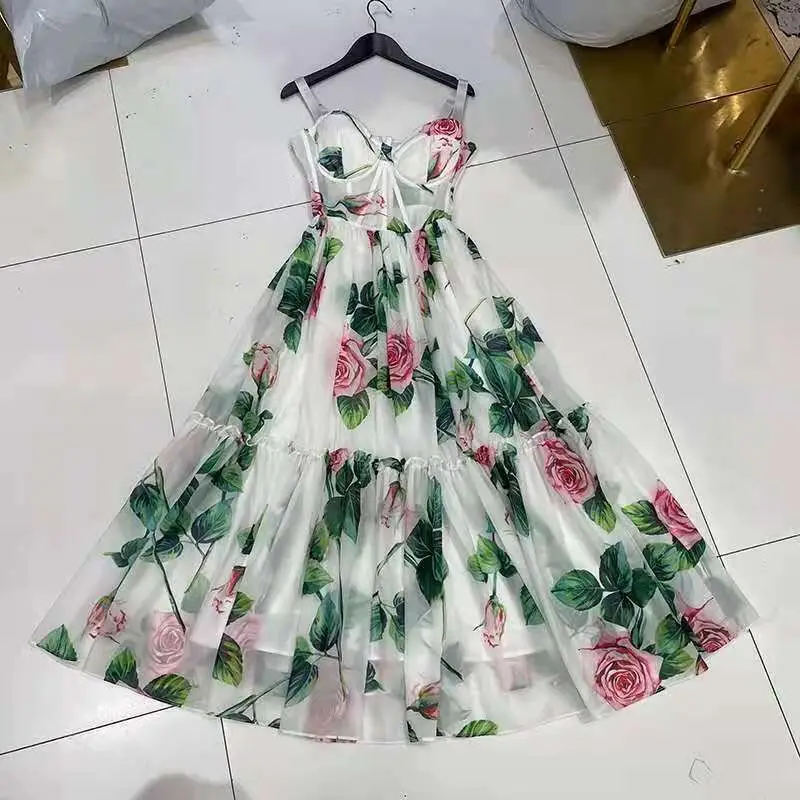 

2024 Summer Rose Floral Bohemian Party Dress Women's Spaghetti Strap Backless Sexy Padded Cup Flower Print Beach Elbise Robes