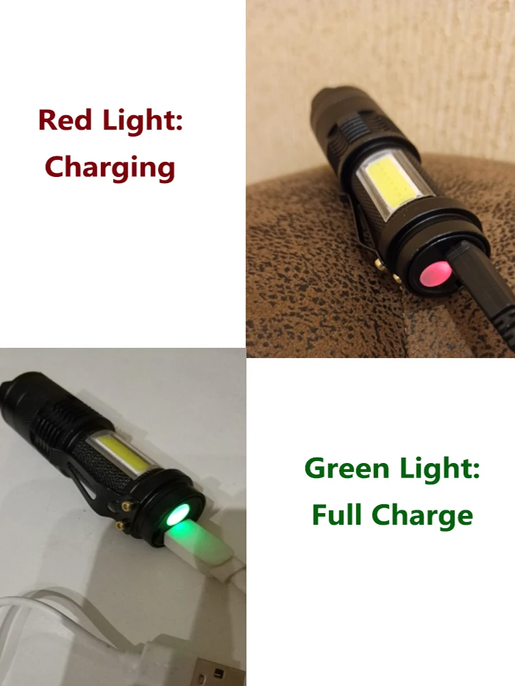 Power Torch Aluminum Alloy USB Rechargeable LED Mini Telescopic Zoom 120LM 3W LED and Side Cob 100 Meters Glare Flashlight