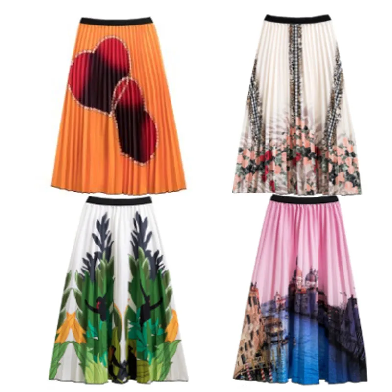 Casual Floral Midi Pleated Skirt For Women Fashion Printed Flower A Line Elastic High Waist Mid-length Skirt Female Ladies falda