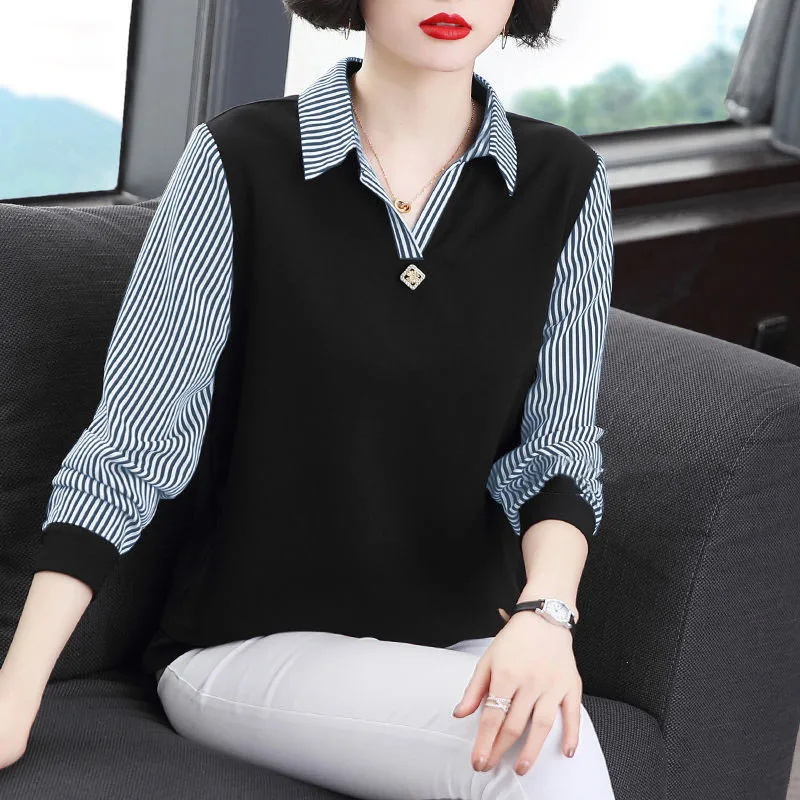 5XL Women Casual Stripe Long Sleeve Blouses Shirts Black Tops Spring Autumn Style Loose Polo-Neck Temperament BlusasDM0094