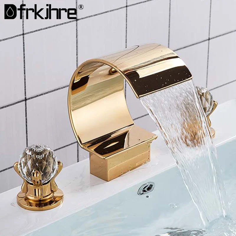 Becken Wasserhahn Gold Deck montiert Kristall Griff Wasserfall 3 Stück Waschbecken Wasserhahn