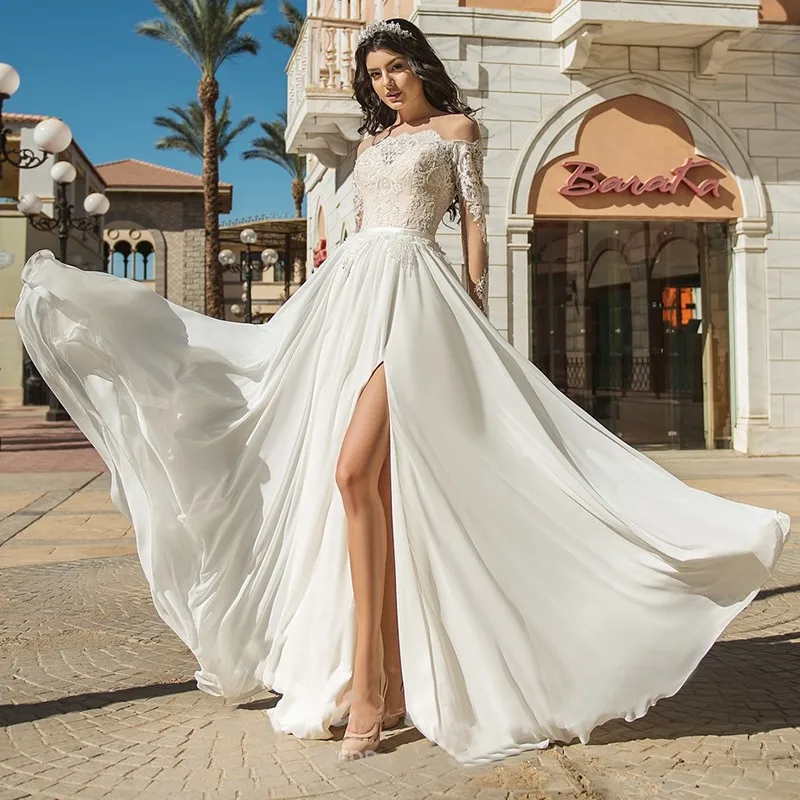 

New Sheer Neck Chiffon Wedding Dress with Sleeves Appliques Lace Split Bride Gowns Custom Made Plus Size Robe De Mariee