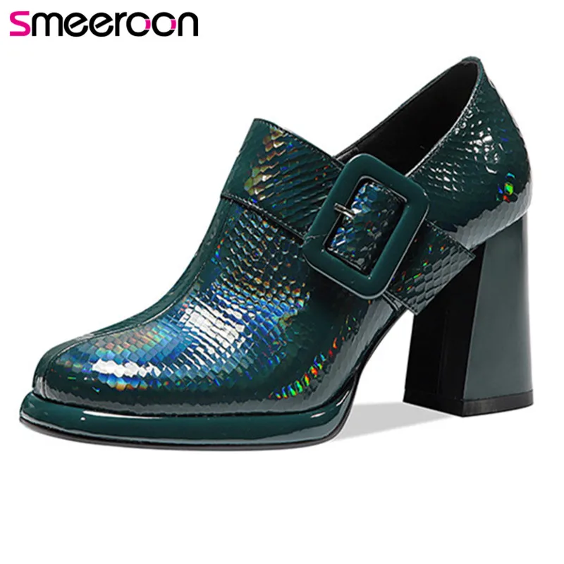 

Smeeroon 2021 Top Quality Genuine Leather Single Shoes Women Pumps Buckle Zip Round Toe Elegant High Heels Dress Shoes Woman