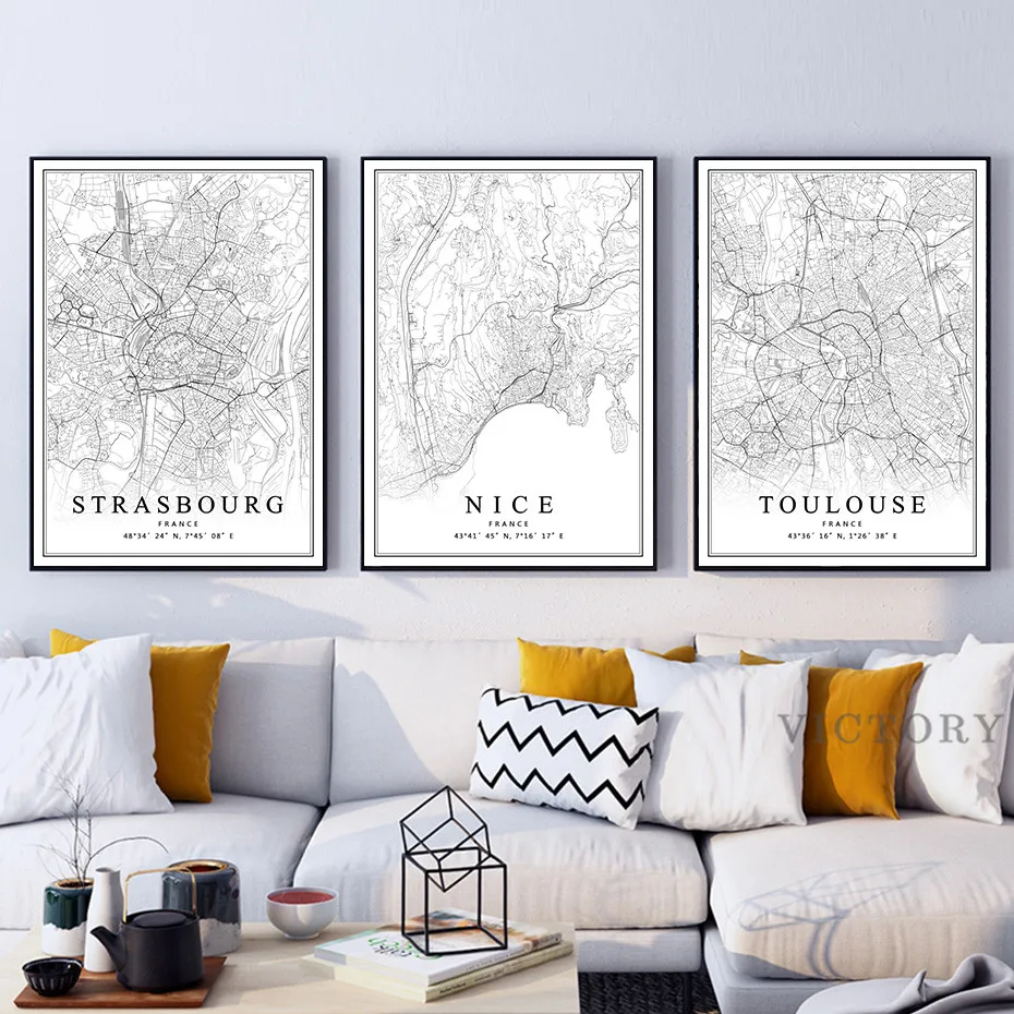 Posters France City Map Paris Lyon Marseille Montpellier Nice Strasbourg Toulouse Canvas Paintings Prints Home Interior Decor