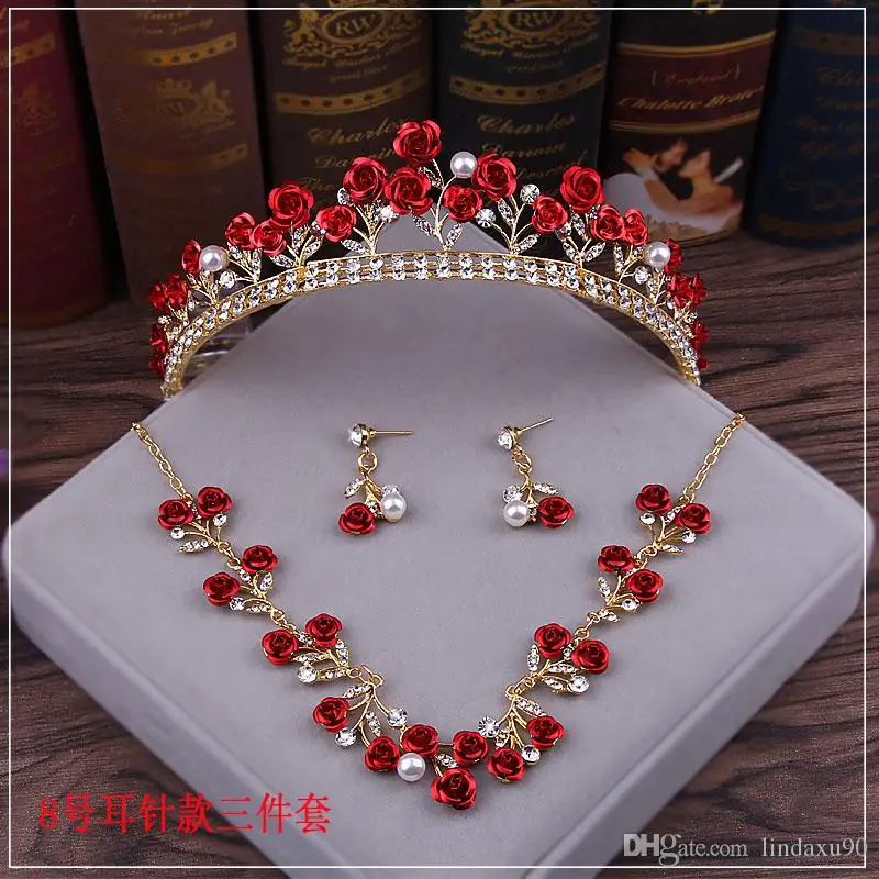 Rose Flower 2021 Red Wedding Bridal Tiara Rhinestone Head Pieces Crystal Bridal Headbands Hair Accessories Evening Party Bride