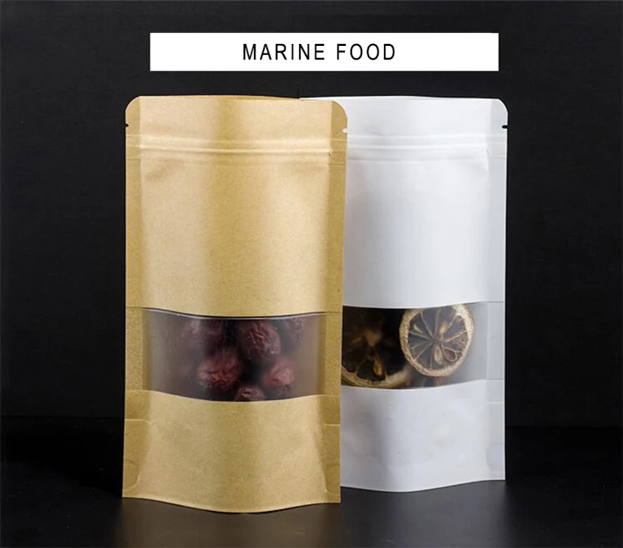 50pcs Reusable Kraft Paper Bag with Frosted Window Stand Up Pouches Food Packaging Bag Ziplock Bag with Tear Notch