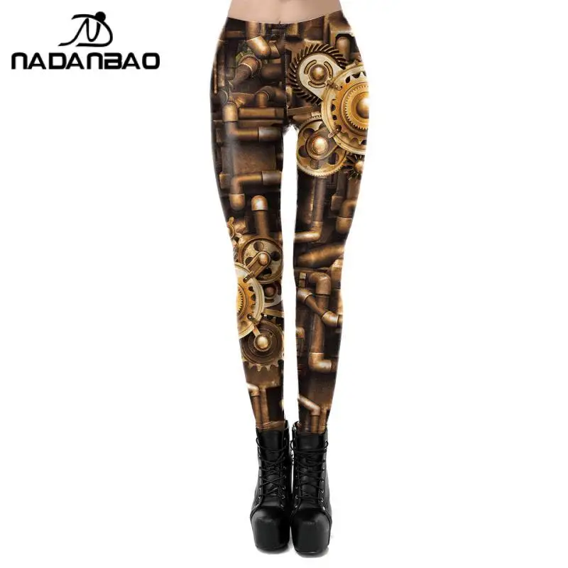 NADANBAO Gold Metal Gear Punk Leggings Women Fashion Steampunk Machinery Printing Tights High Waist Push-Up Workout Pants S-XL