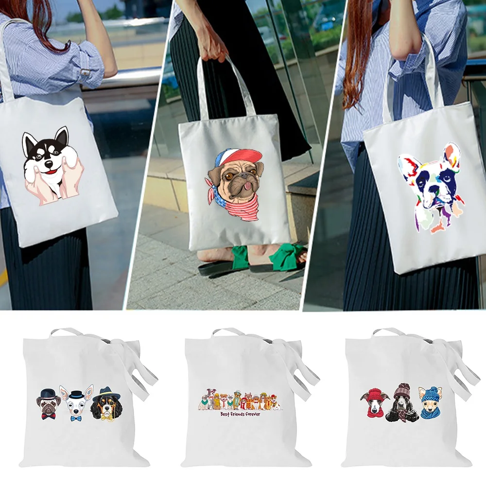 

Shopping Bag Women Canvas Tote Bags Dog Series Printing Eco Bag Shopper Shoulder Bags White Harajuku Style Canvas Handbag