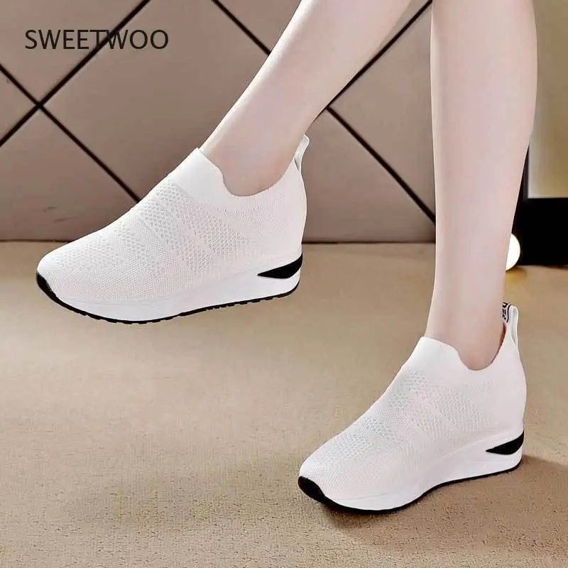 Vulcanized Women Rubber Sole Shoes Height Increasing Knit Sneakers Autumn Breathable Women Shoes Ladies Footwear