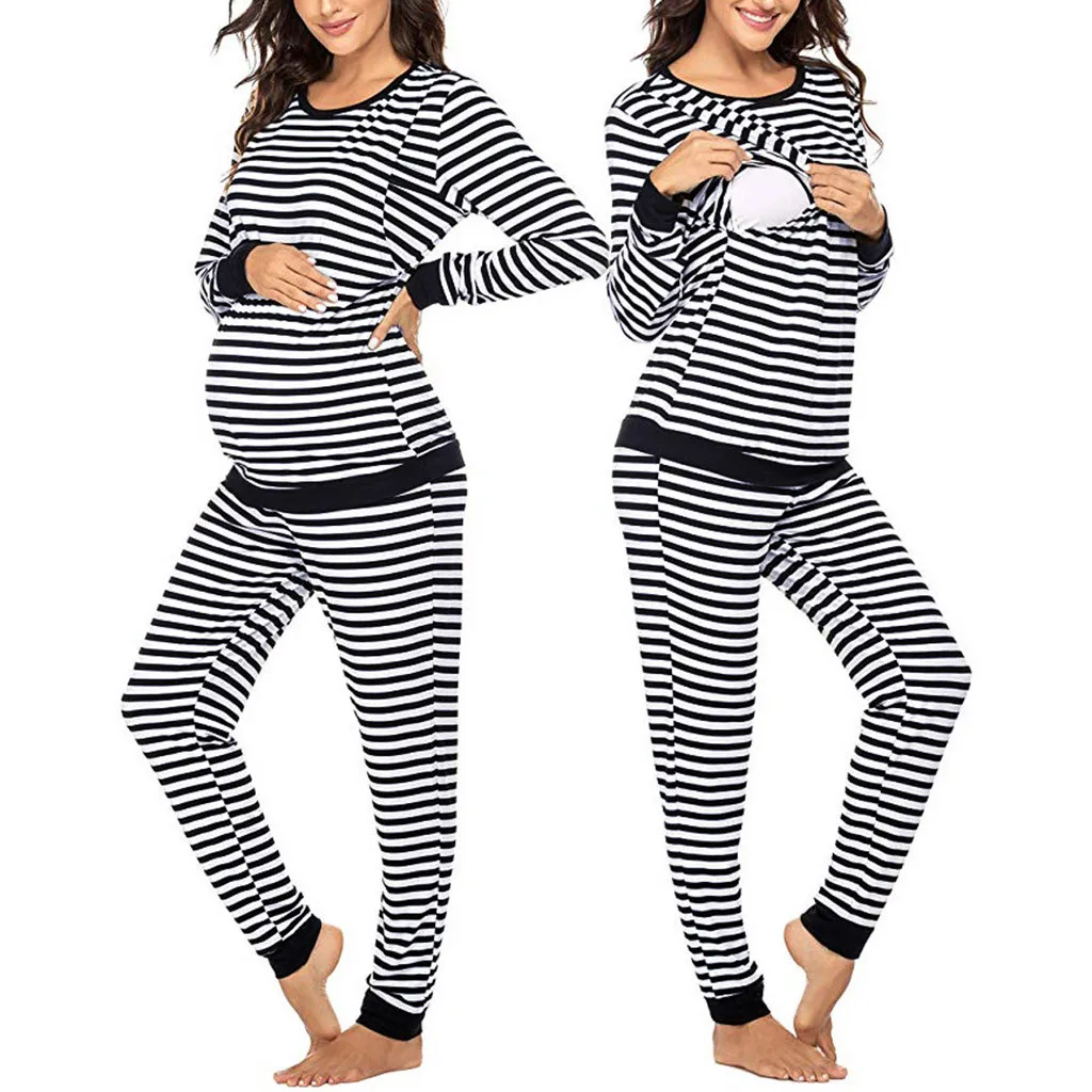 

New Fall Winter Maternity Nightwear Women Maternity Long Sleeve Nursing T-shirt Tops+Striped Pants Pajamas Set pijama embarazo