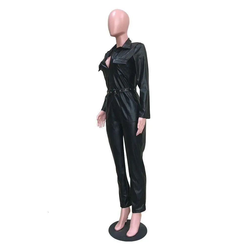 Women Faux Leather Jumpsuit Long Sleeve Pu Deep V Jumpsuit Bodycon Zipper Party Jumpsuit With Belt