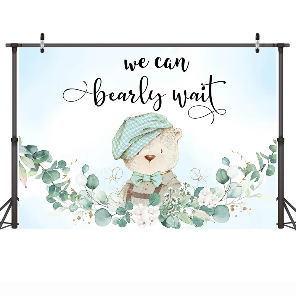 Baby Shower Bear Party Backdrop We Can Bearly Wait Photography Background Watercolor Green Leaves Newborn Cake Table Decorations