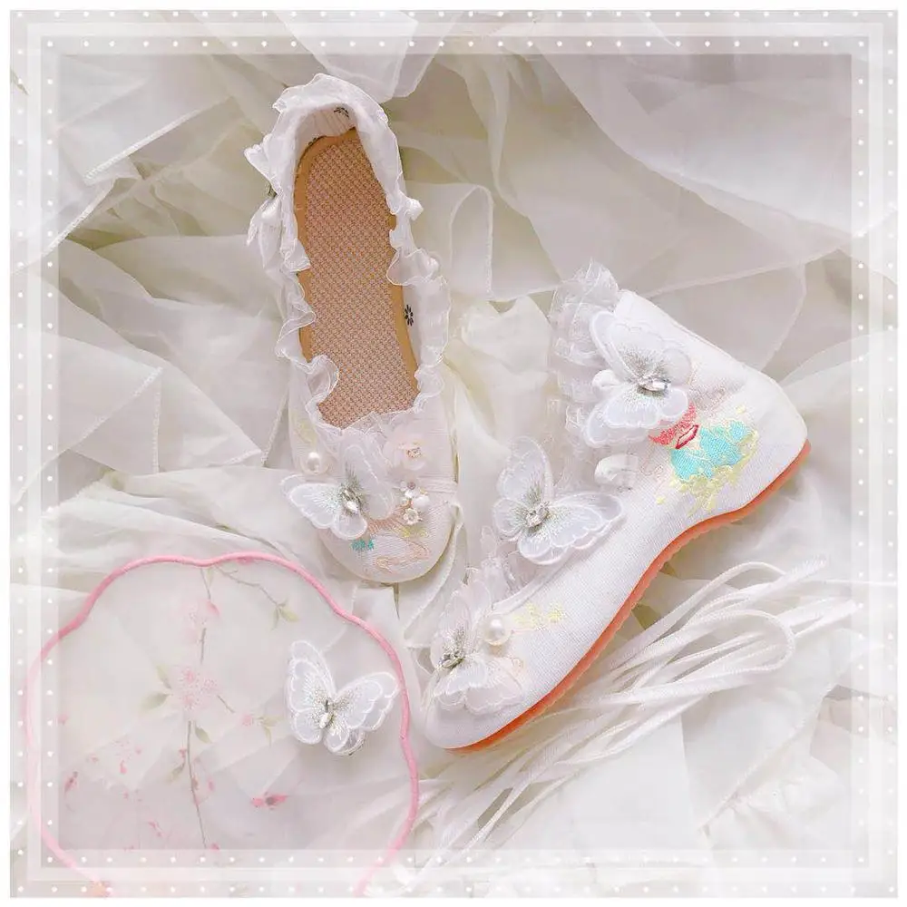 Zapatos de Lolita con bordado antiguo para niña, calzado Vintage de Lolita dulce, de baja ayuda, Kawaii, fiesta de té, Anime, cos loli, cabeza redonda