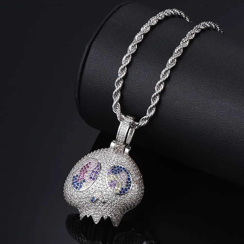 Iced Out Chain 18K Gold Plated Fully Zirconia Simulated Diamond  Ghost Skull Hip Hop Pendent Necklace for Men Women