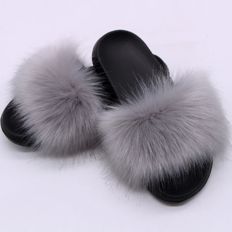 Summer women\'s explosion models imitation fur fox fur fashion simple luxury indoor non-slip fur fluffy flat bottom fox sandals