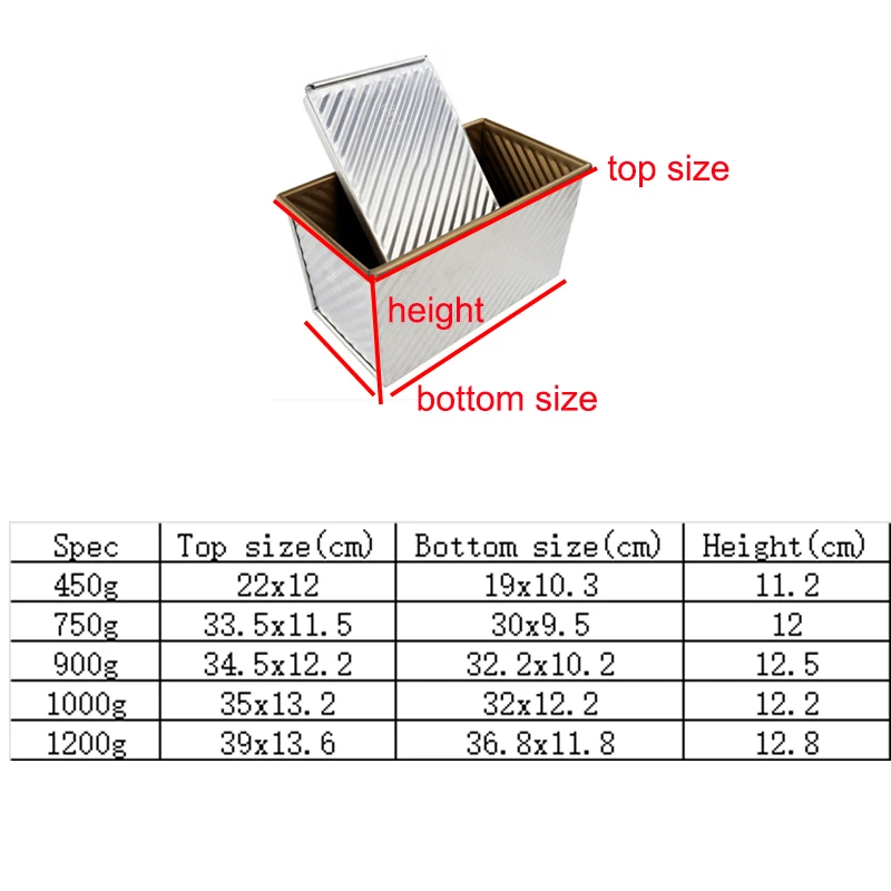 450g/750g/900g/1000g Aluminum alloy golden ripple non-stick coating Toast boxes Bread Loaf Pan cake mold baking tool with lid