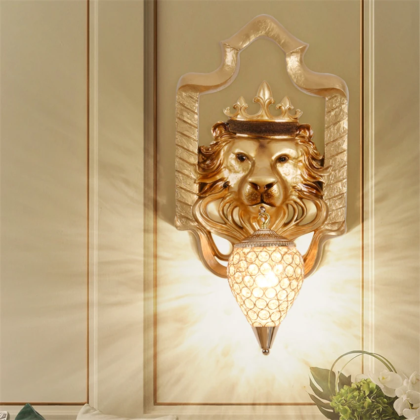 American Golden Lion Head Wall Lamp Luxury Living Room Art Decoration Restaurant Bar Corridor Bedroom Interior Design Wall Light