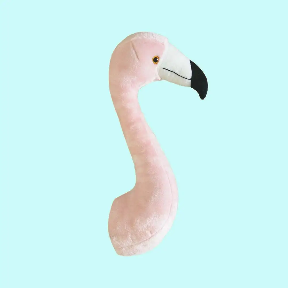 

2021 new lifelike stuffed animal flamingo head for wall decoration animal head of kids bedroom gift