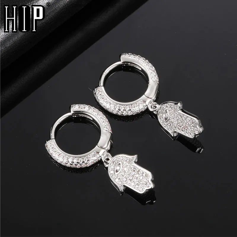 Hip Hip Micro 1Pair Hand Evil Eye CZ Stone Ice Out Stud Earring Bling Copper Earrings For Women Men Jewelry