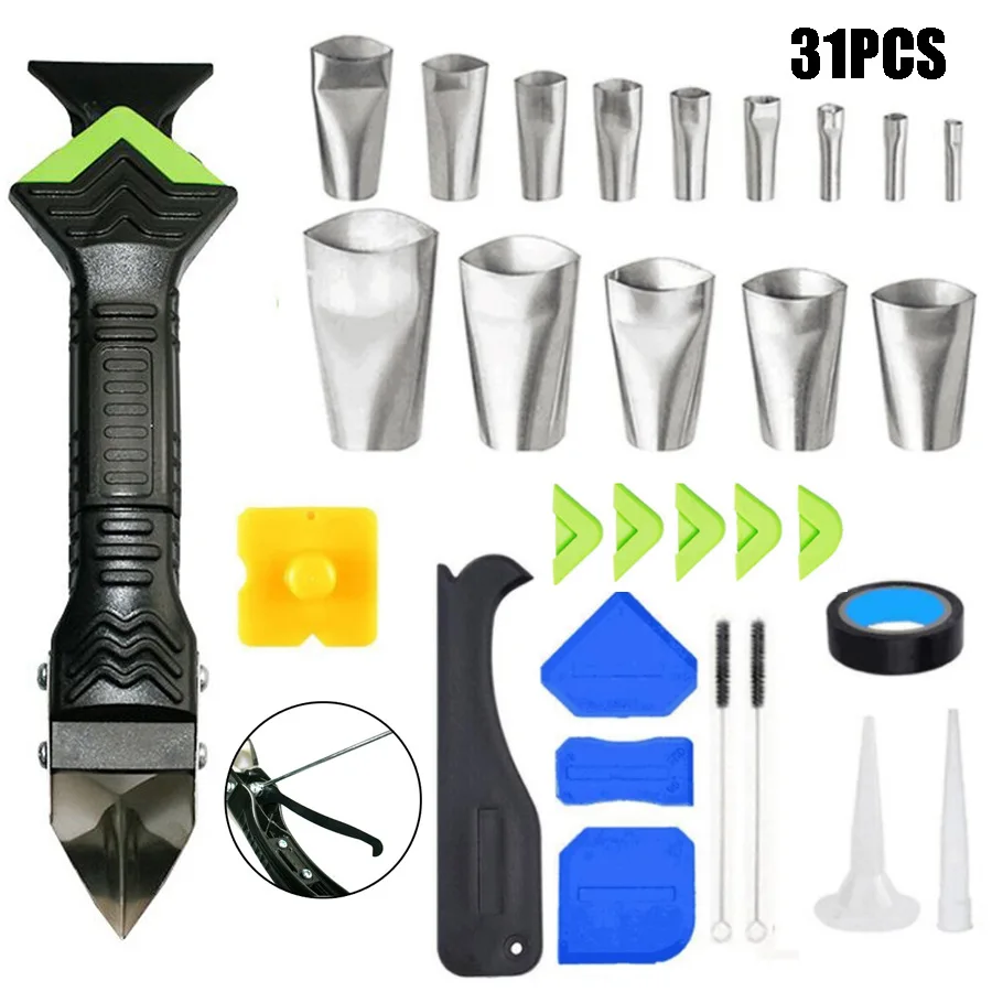 Corner Caulking Tool 31pcs Kits Glass Glue Cleaning Scraper 5-In-1 Hook Knife Gap Sealing Scraper Glue Extension Nozzle