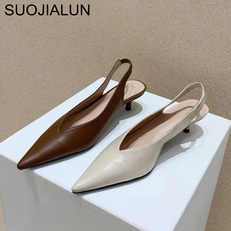 SUOJIALUN Fashion Brand Sandals Mules Women Shallow Mouth Pointed Toe Shoes Low Heel Slip On Slides Slipper Shoes