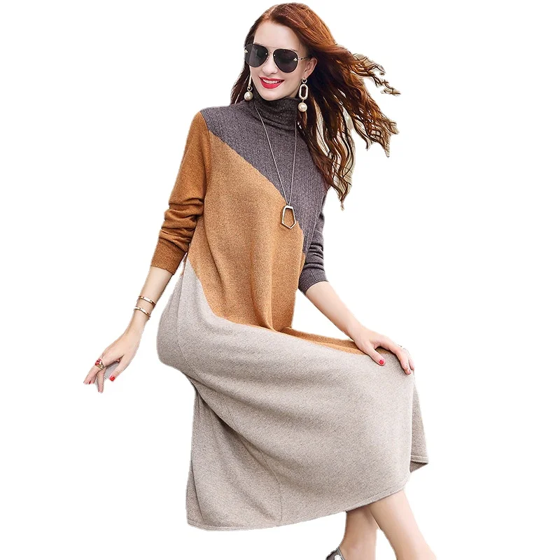 Wool Knitting Dress Women Autumn Winter 2021 New Turtle Neck Long Sleeve Dress Knee-length Dress