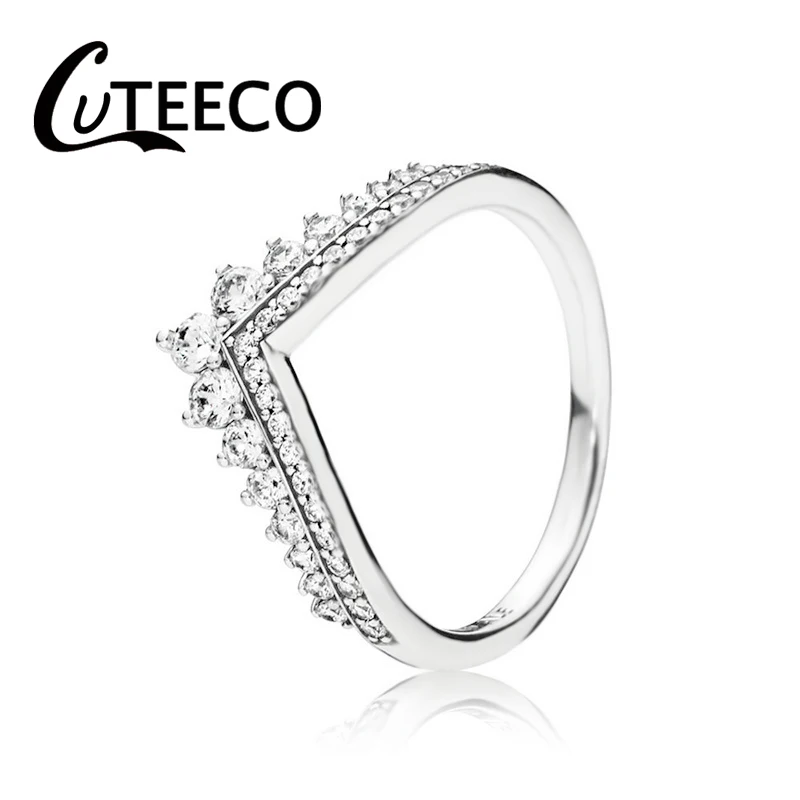 CUTEECO Shine Geometric V Shape Princess Queen Engagement Wedding Rings for Women Crown Temperament Stack Ring Jewelry Gift