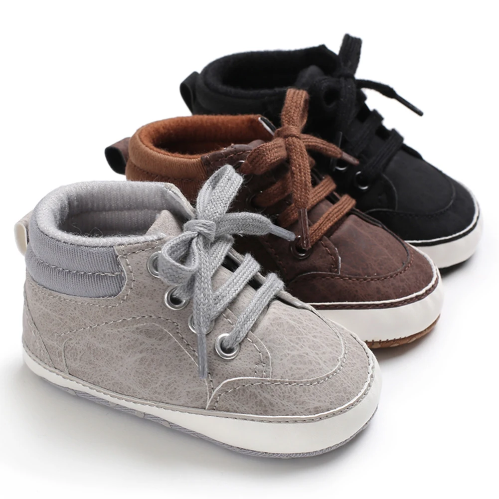 

2021 Newborn Baby Boy Shoes Crib Toddler Infant Gray Leather Sport Lace-up Soft Sole Anti-slip 0-18 Months First Walker High