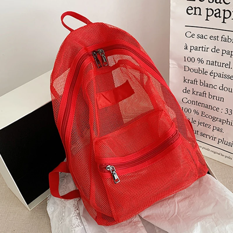 New Transparent Mesh Shoulder Bag Fashion Large Capacity Backpack Summer Travel Bag Leisure Student Bag