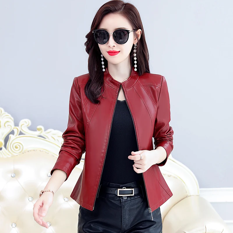 Women\'s Washed PU Leather Jacket Short Full Sleeve Standing Collar Zipper Motorcycle Coat Lady Basic Jacket W1126