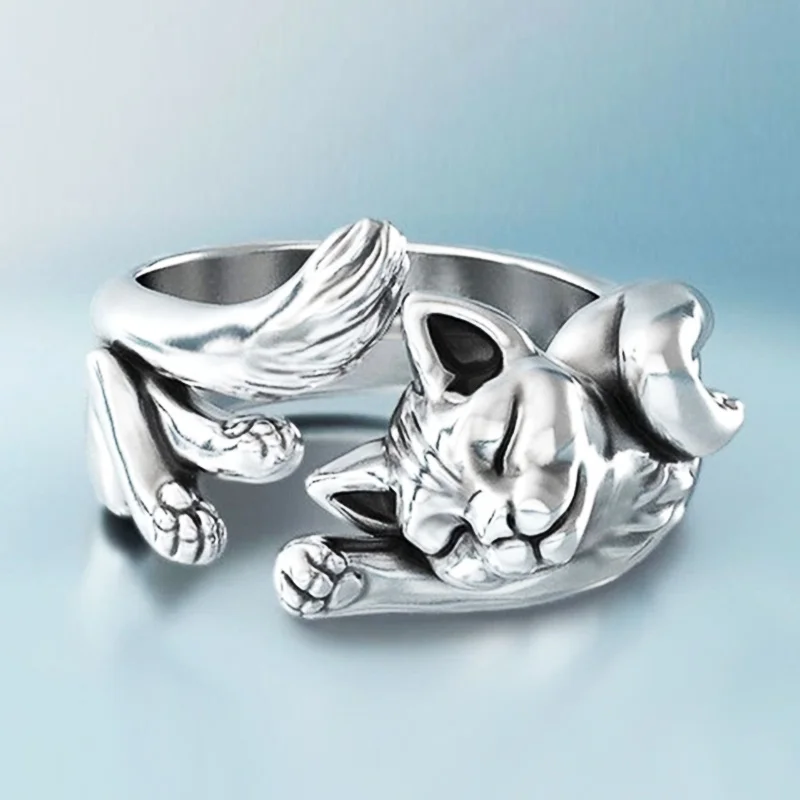 Huitan Cute Fortune Cat Shape Women Opening Rings Silver Color Dance Party Finger Ring Delicate Girl Gift New Fashion Jewelry