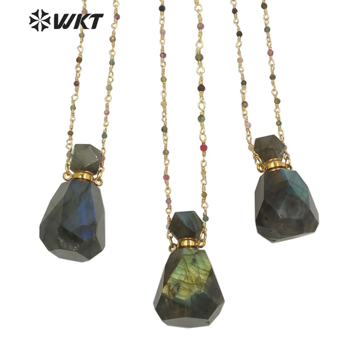 WT-N1268 Gorgeous Faceted Labradorite Bottle Stone Necklace For Stock Essential Oil Water Drop Shiny Labradorite Necklace