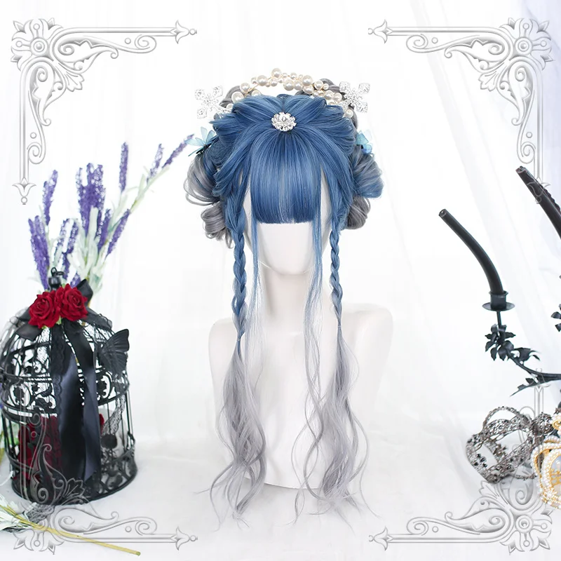 Peluca con flequillo rizado para mujer, pelo largo ondulado azul y gris, estilo Cosplay de Lolita para fiesta