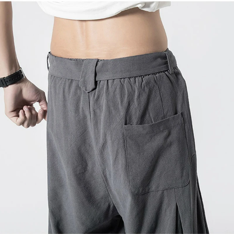 Summer Chinese Style Retro Men's Pants Loose Straight Linen Pants Tang Suit Wide Bloomers Joggers Large Size Cotton Harem Pants