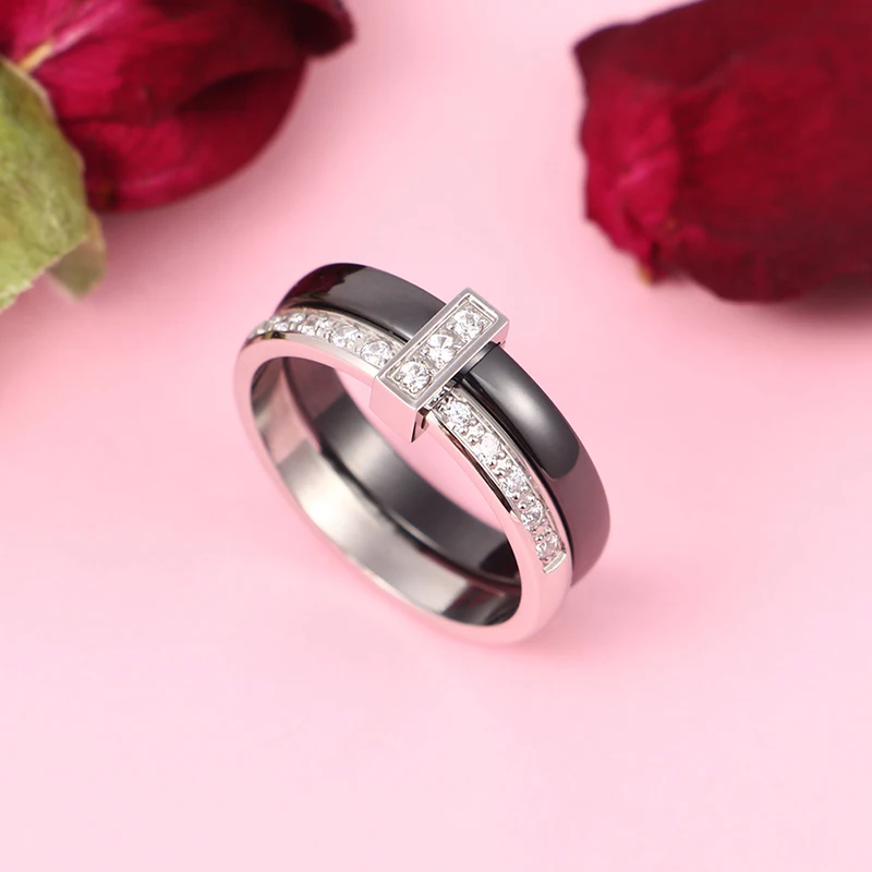 Fashion 2 Layers Black White Ceramic Crystal Wedding Rings For Women Wedding Jewelry Stainless Steel Rhinestone Engagement Gifts