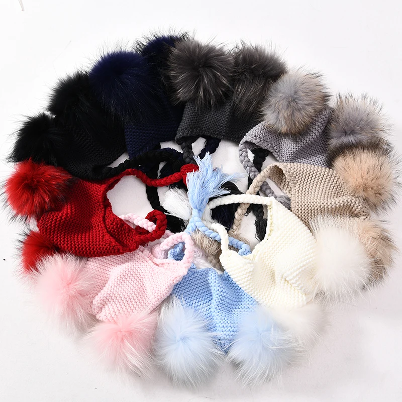 Kids Real Fur Pom Pom Hat Baby Winter Crochet Earflap Hat Girls Boys Knitted Beanie Double Two Real Fur Pompom Hat for Children